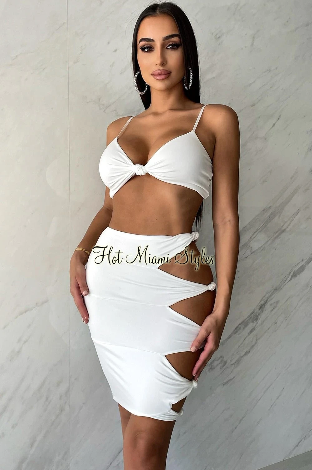 White Spaghetti Strap V Knotted Cut Out Skirt Two Piece Set 3 White Spaghetti Strap V Knotted Cut Out Skirt Two Piece Set