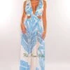 White Teal Palm V Neck Cut Out Maxi Dress
