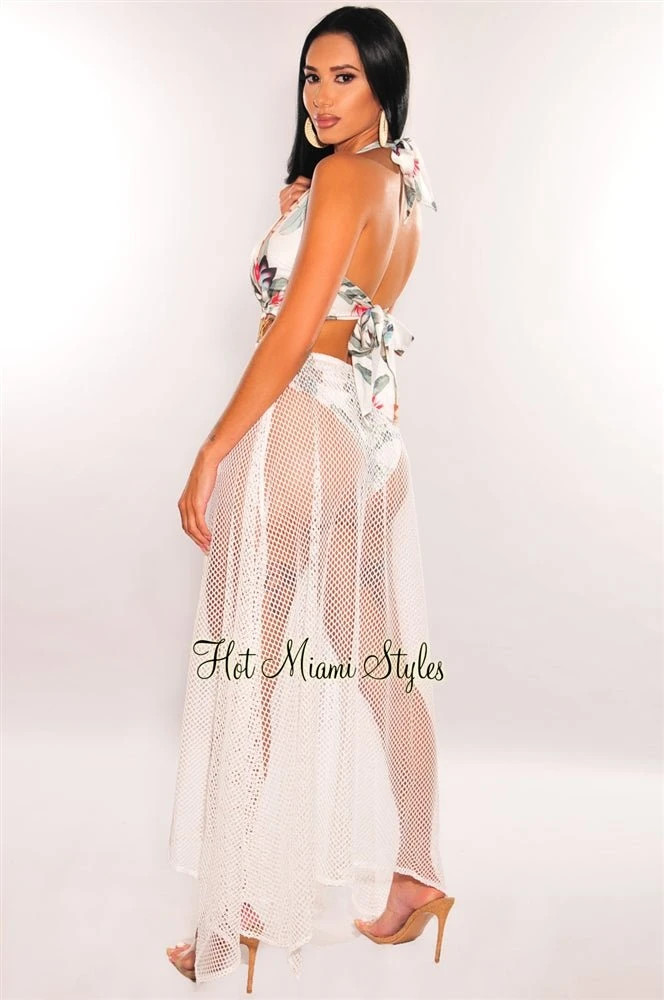 White Tropical Palm Print Halter O-Ring Net Maxi Dress 4 White Tropical Palm Print Halter O-Ring Net Maxi Dress - Image 2