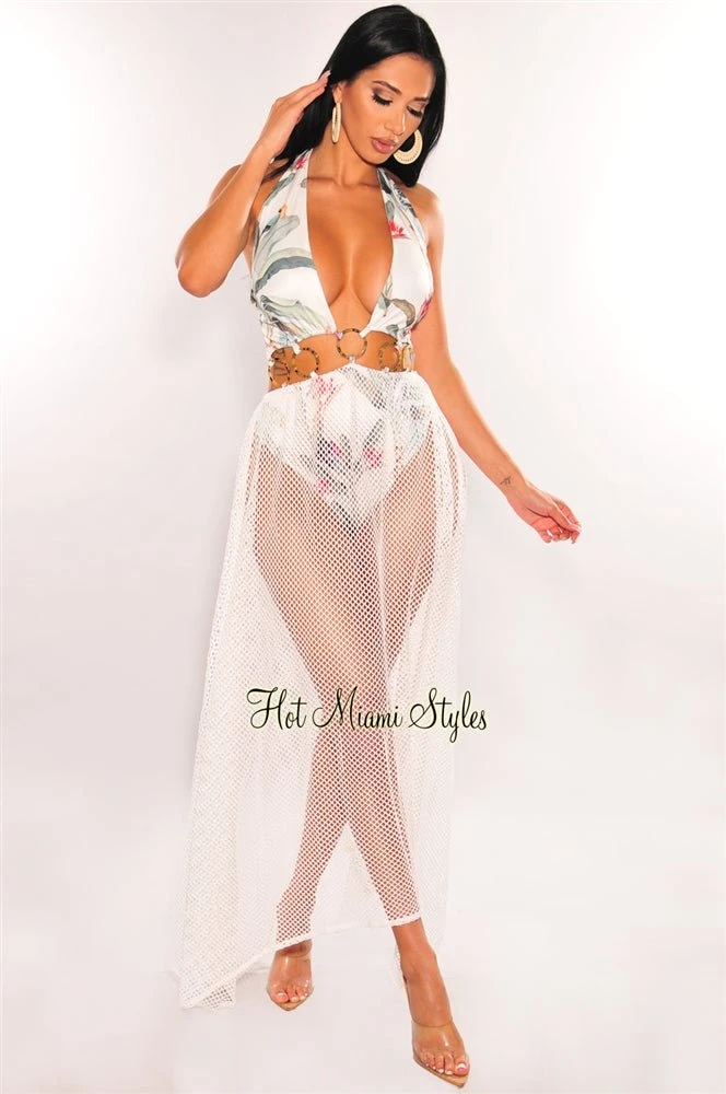 White Tropical Palm Print Halter O-Ring Net Maxi Dress 3 White Tropical Palm Print Halter O-Ring Net Maxi Dress