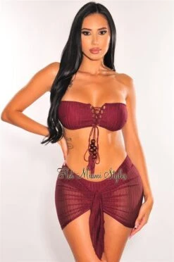Wine Crochet Bandeau Lace Up Bikini Tie Up Skirt Three Piece Set