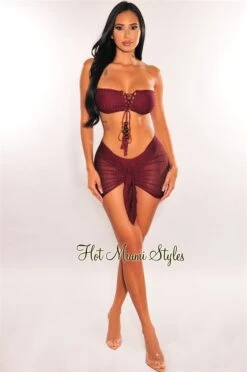 Wine Crochet Bandeau Lace Up Bikini Tie Up Skirt Three Piece Set 12 Wine Crochet Bandeau Lace Up Bikini Tie Up Skirt Three Piece Set -rehab shop wine crochet bandeau lace up bikini tie up skirt three piece set hot miami styles 546312