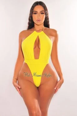 Yellow Gold Chain Halter Keyhole Open Back Swimsuit