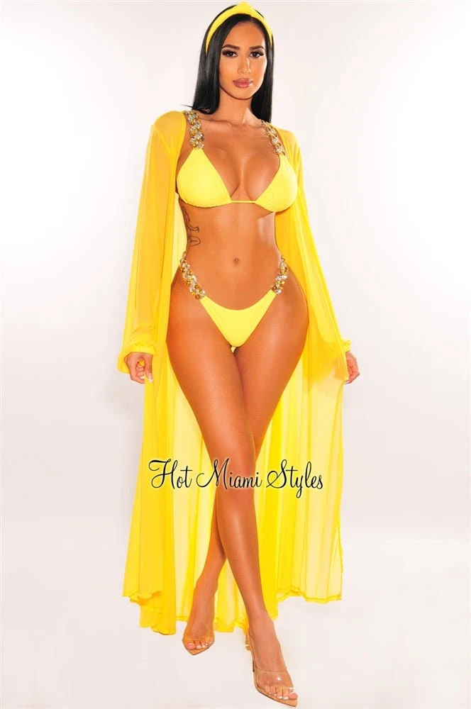 Yellow Mesh Long Sleeves Belted Maxi Cover Up 4 Yellow Mesh Long Sleeves Belted Maxi Cover Up - Image 2
