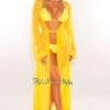 Yellow Mesh Long Sleeves Belted Maxi Cover Up