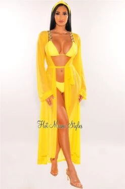 Yellow Mesh Long Sleeves Belted Maxi Cover Up