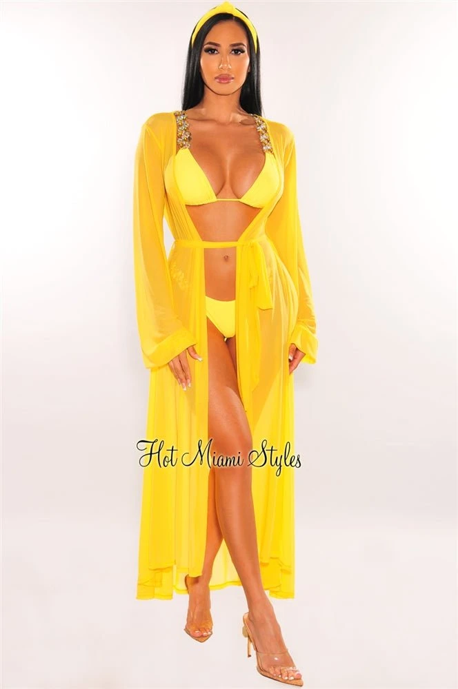 Yellow Mesh Long Sleeves Belted Maxi Cover Up 3 Yellow Mesh Long Sleeves Belted Maxi Cover Up