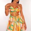 Yellow MultiColor Print Spaghetti Strap Ruched Cut Out Pleated Mini Dress -rehab shop yellow multicolor print spaghetti strap ruched cut out pleated mini dress hot miami styles 662665