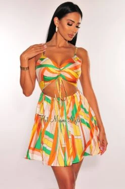 Yellow MultiColor Print Spaghetti Strap Ruched Cut Out Pleated Mini Dress