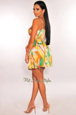 Yellow MultiColor Print Spaghetti Strap Ruched Cut Out Pleated Mini Dress 9 Yellow MultiColor Print Spaghetti Strap Ruched Cut Out Pleated Mini Dress -rehab shop yellow multicolor print spaghetti strap ruched cut out pleated mini dress hot miami styles 828939