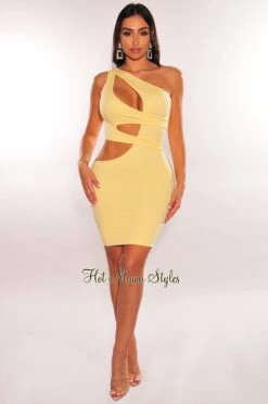 Yellow One Shoulder Cut Out Mini Dress -rehab shop yellow one shoulder cut out mini dress hot miami styles 117809