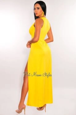 Yellow Sleeveless V Neck Double Slit Cover Up Maxi Dress -rehab shop yellow sleeveless v neck double slit cover up maxi dress hot miami styles 471954