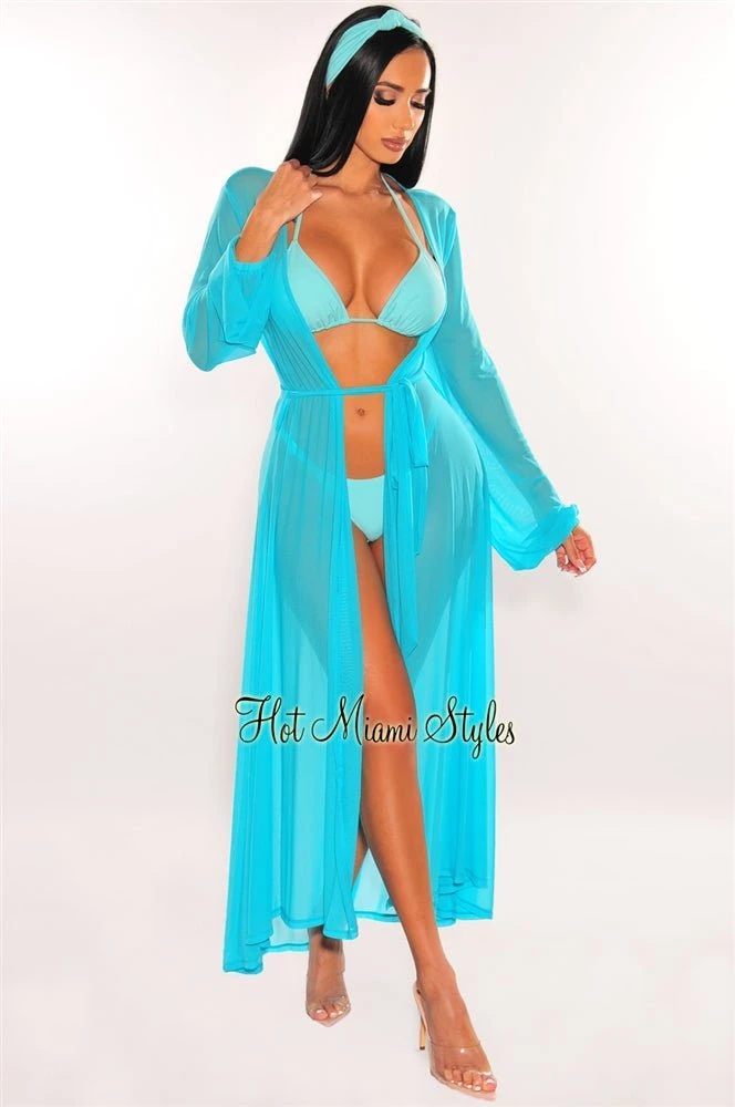 rehab shop -rehab shop aqua mesh long sleeves belted maxi cover up hot miami styles 181007
