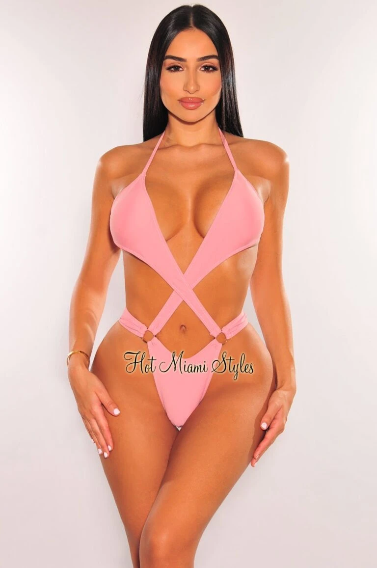 rehab shop -rehab shop baby pink halter criss cross o ring cut out thong swimsuit hot miami styles 793057 768x1157 1