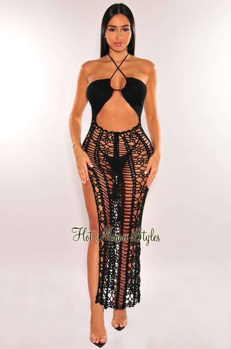 rehab shop -rehab shop black crochet cut out criss cross halter open back cover up dress hot miami styles 579020 768x1157 1