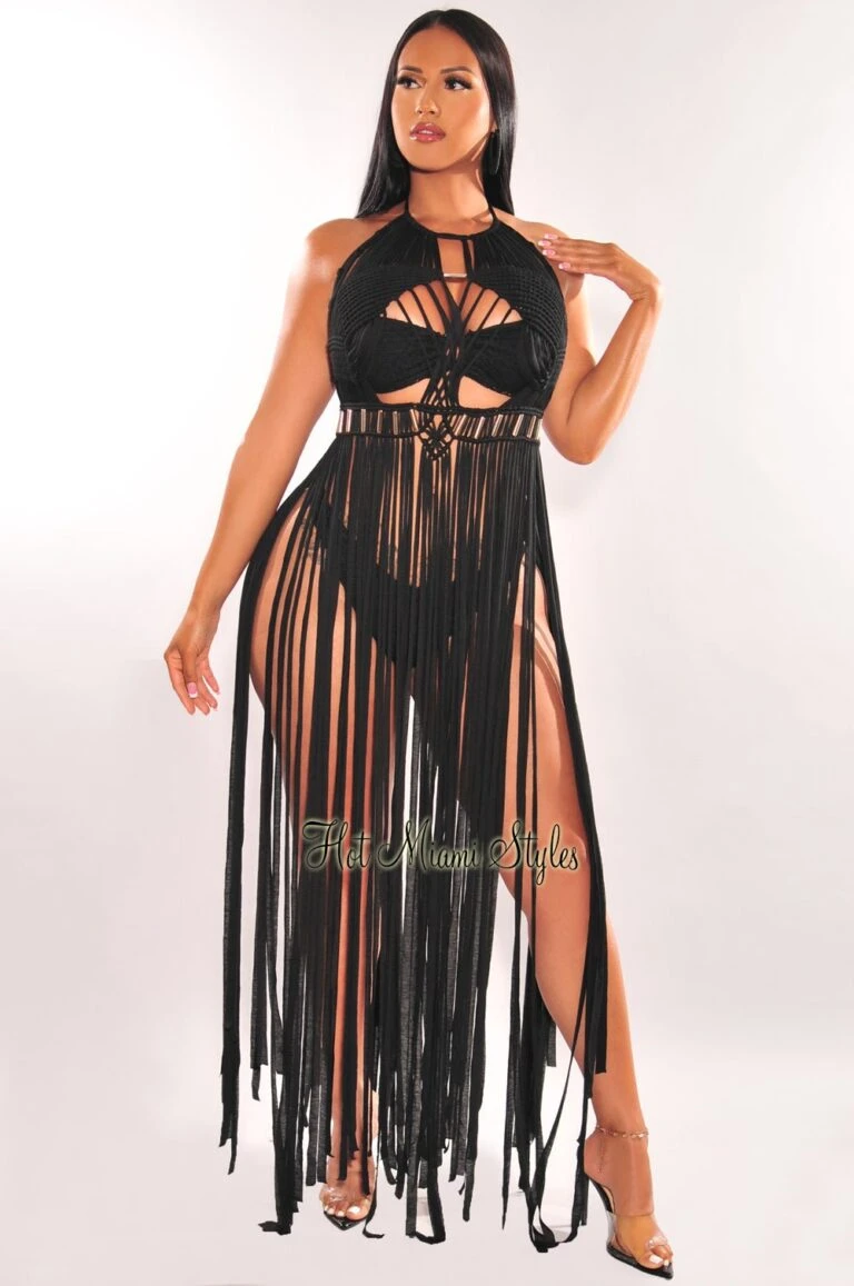 rehab shop -rehab shop black halter crochet knit fringe open back tie up cover up hot miami styles 370468 768x1157 1