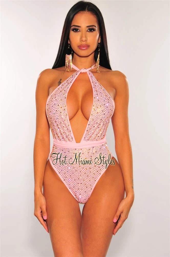 rehab shop -rehab shop blush iridescent rhinestones halter multi wear swimsuit hot miami styles 914461